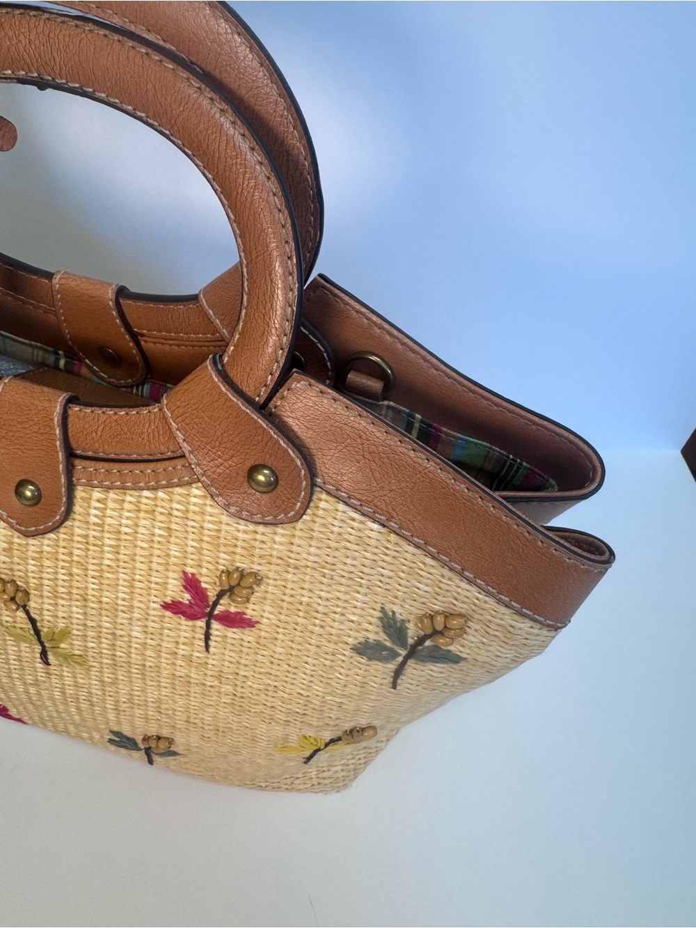 Fossil Tan Straw Tote with Brown Leather Trim and Multicolor Embroidery - Picture 8 of 16